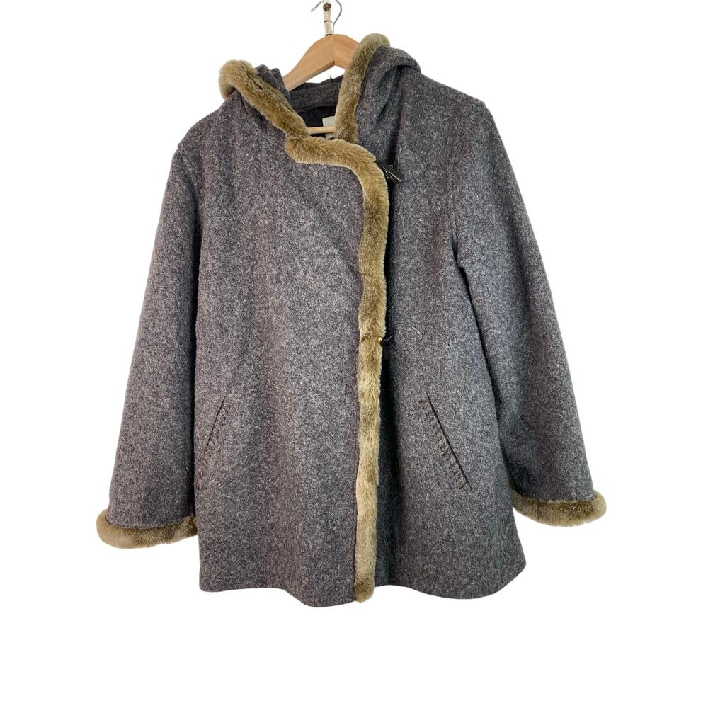 J. Jill Women's M Gray Wool Blend Faux Fur‎ Trimmed Hooded Toggle Button Coat *